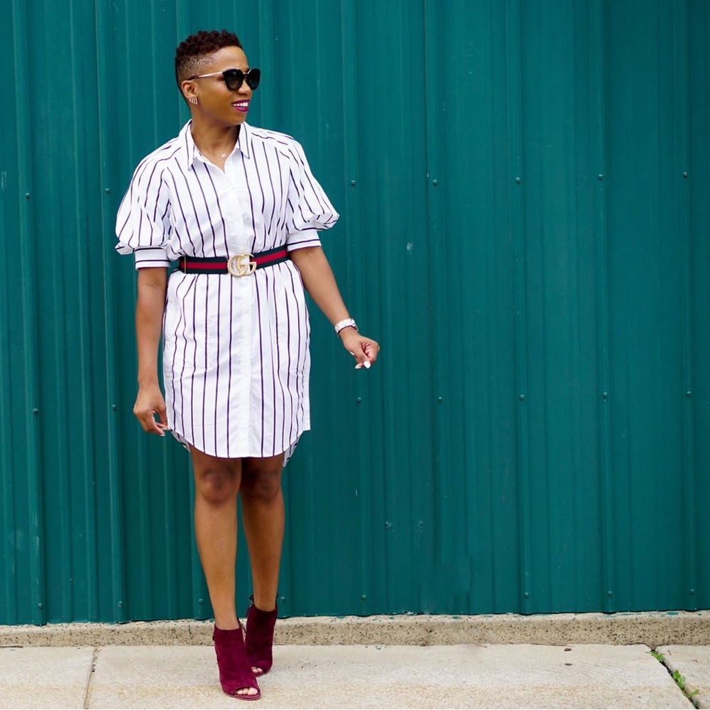 Poplin striped puff sleeve collared shirt dress